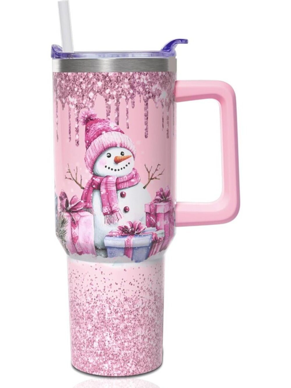 40 oz Insulated Christmas Tumbler with Handle & Straw, Pink Snowman Cup, Gift